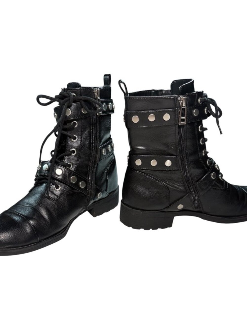 Edgy Black Moto Combat Boots Studded Buckle Punk Grunge Lace Up Boots Womens 9 - Picture 3 of 8